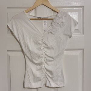 Akris Punto White Floral Appliqué Ruched Cap Sleeve Top Modal Super Soft S/M